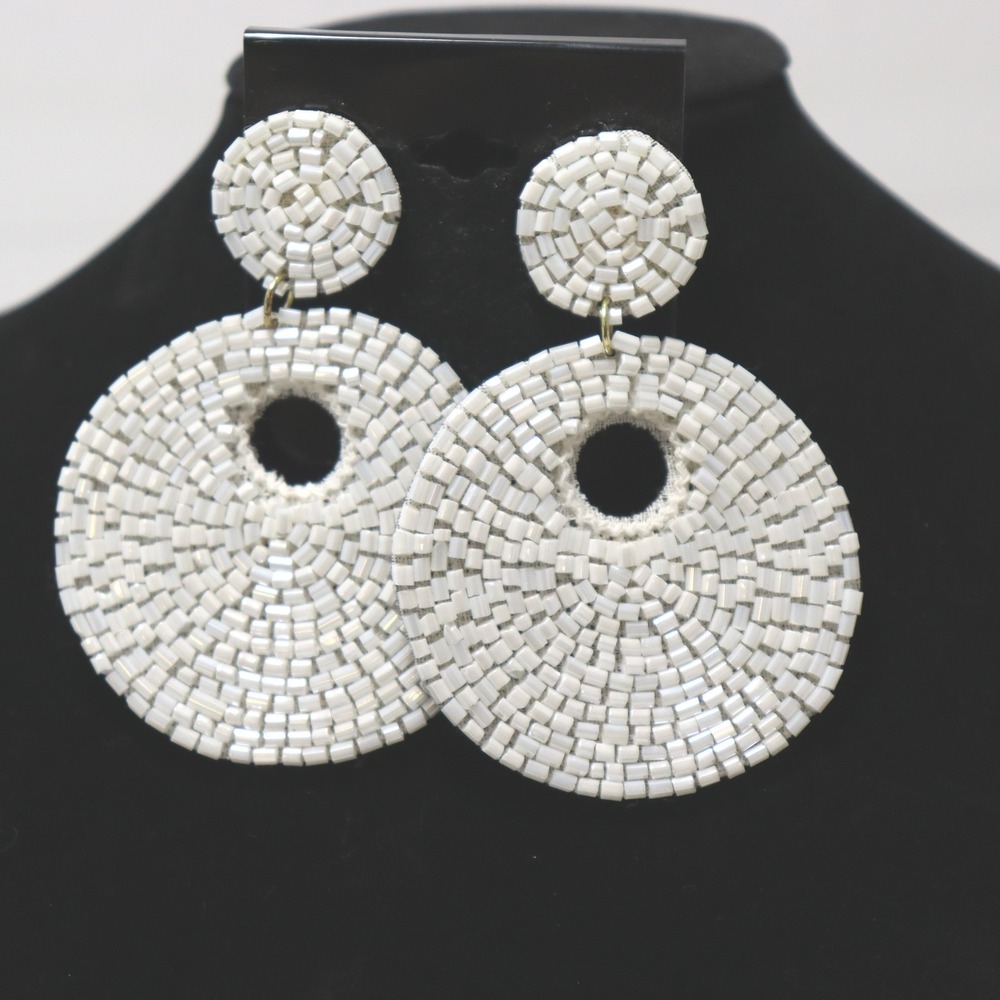 Unbranded Beaded Drop‎ Earrings Womens OS White Seed Bead Boho Statement Hoop